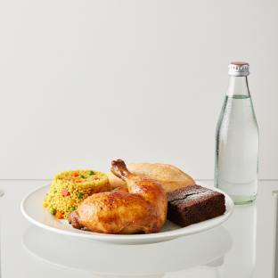 Spit-roasted Chicken, Curried Vegetable Couscous, Brownie, Sparkling Water Spit-roasted Chicken, Curried Vegetable Couscous, Brownie, Sparkling Water