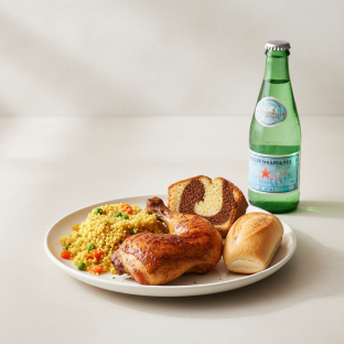 Spit-roasted Chicken, Curried Vegetable Couscous, Poundcake, Sparkling Water Spit-roasted Chicken, Curried Vegetable Couscous, Poundcake, Sparkling Water