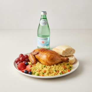 Spit-roasted Chicken, Curried Vegetable Couscous, Fruit, Sparkling Water Spit-roasted Chicken, Curried Vegetable Couscous, Fruit, Sparkling Water