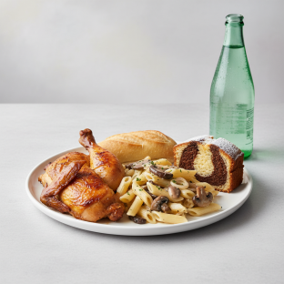 Spit-roasted Chicken, Penne with Mushroom, Poundcake, Sparkling Water Spit-roasted Chicken, Penne with Mushroom, Poundcake, Sparkling Water