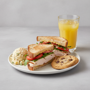 Turkey Sandwich with Potato Salad, Cookie, Orange Juice Turkey Sandwich with Potato Salad, Cookie, Orange Juice