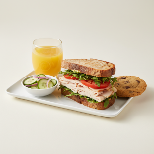 Turkey Sandwich with Cucumber Salad, Cookie, Orange Juice Turkey Sandwich with Cucumber Salad, Cookie, Orange Juice