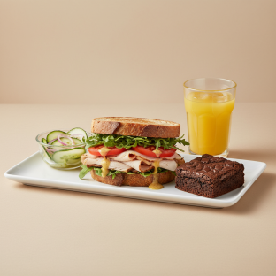 Turkey Sandwich with Cucumber Salad, Brownie, Orange Juice Turkey Sandwich with Cucumber Salad, Brownie, Orange Juice