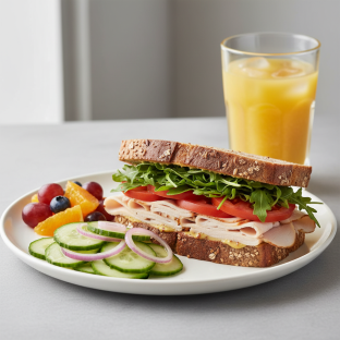 Turkey Sandwich with Cucumber Salad, Fruit, Orange Juice Turkey Sandwich with Cucumber Salad, Fruit, Orange Juice