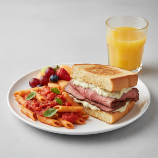 Roast Beef Sandwich, Tomato Basil Penne, Fruit, Orange Juice Roast Beef Sandwich, Tomato Basil Penne, Fruit, Orange Juice