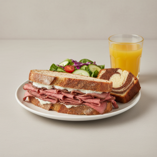 Roast Beef Sandwich, House Salad, Poundcake, Orange Juice Roast Beef Sandwich, House Salad, Poundcake, Orange Juice