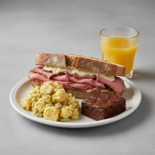 Roast Beef Sandwich, Potato Salad, Brownie, Orange Juice Roast Beef Sandwich, Potato Salad, Brownie, Orange Juice