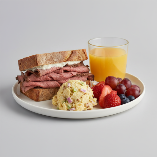Roast Beef Sandwich, Potato Salad, Fruit, Orange Juice Roast Beef Sandwich, Potato Salad, Fruit, Orange Juice