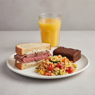Roast Beef Sandwich, Couscous, Brownie, Orange Juice Roast Beef Sandwich, Couscous, Brownie, Orange Juice