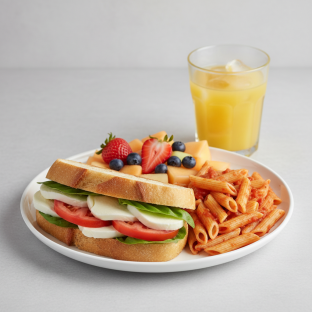 Mozzarella, Tomato and Basil Sandwich, Tomato Basil Penne, Fruit, Orange Juice Mozzarella, Tomato and Basil Sandwich, Tomato Basil Penne, Fruit, Orange Juice