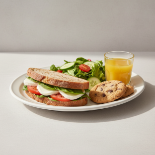 Mozzarella, Tomato and Basil Sandwich, House Salad, Cookie, Orange Juice Mozzarella, Tomato and Basil Sandwich, House Salad, Cookie, Orange Juice