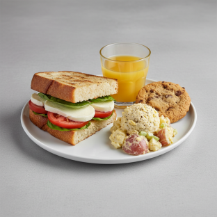 Mozzarella, Tomato and Basil Sandwich, Potato Salad, Cookie, Orange Juice Mozzarella, Tomato and Basil Sandwich, Potato Salad, Cookie, Orange Juice