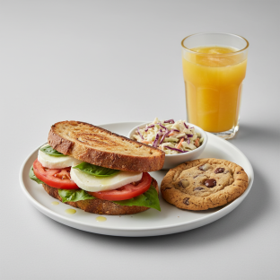 Mozzarella, Tomato and Basil Sandwich, Coleslaw, Cookie, Orange Juice Mozzarella, Tomato and Basil Sandwich, Coleslaw, Cookie, Orange Juice