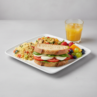 Mozzarella, Tomato and Basil Sandwich, Couscous, Fruit, Orange Juice Mozzarella, Tomato and Basil Sandwich, Couscous, Fruit, Orange Juice
