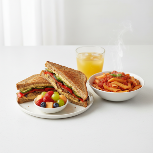 Grilled Vegetable Sandwich, Tomato Basil Penne, Fruit, Orange Juice Grilled Vegetable Sandwich, Tomato Basil Penne, Fruit, Orange Juice