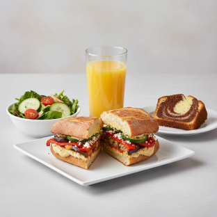 Grilled Vegetable Sandwich, House Salad, Poundcake, Orange Juice Grilled Vegetable Sandwich, House Salad, Poundcake, Orange Juice