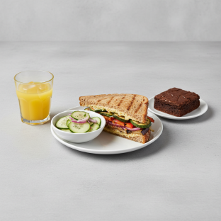 Grilled Vegetable Sandwich, Cucumber Salad, Brownie, Orange Juice Grilled Vegetable Sandwich, Cucumber Salad, Brownie, Orange Juice