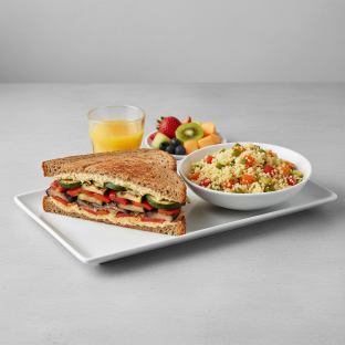 Grilled Vegetable Sandwich, Couscous, Fruit, Orange Juice Grilled Vegetable Sandwich, Couscous, Fruit, Orange Juice