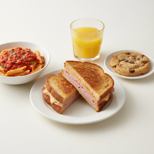 Ham and Cheese Sandwich, Tomato Basil Penne, Cookie, Orange Juice Ham and Cheese Sandwich, Tomato Basil Penne, Cookie, Orange Juice