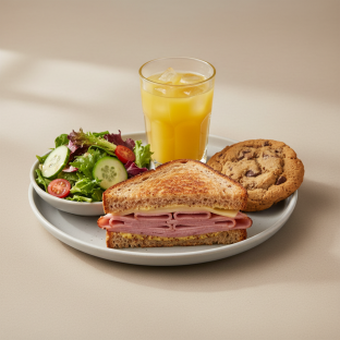 Ham and Cheese Sandwich, House Salad, Cookie, Orange Juice Ham and Cheese Sandwich, House Salad, Cookie, Orange Juice