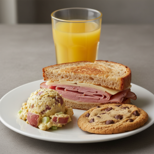 Ham and Cheese Sandwich, Potato Salad, Cookie, Orange Juice Ham and Cheese Sandwich, Potato Salad, Cookie, Orange Juice