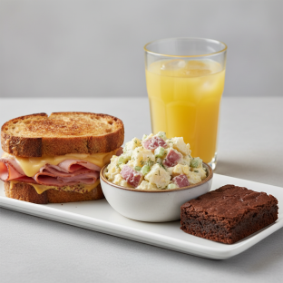 Ham and Cheese Sandwich, Potato Salad, Brownie, Orange Juice Ham and Cheese Sandwich, Potato Salad, Brownie, Orange Juice