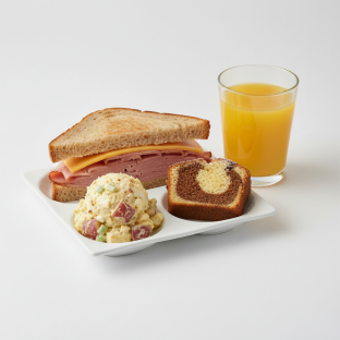 Ham and Cheese Sandwich, Potato Salad, Poundcake, Orange Juice Ham and Cheese Sandwich, Potato Salad, Poundcake, Orange Juice