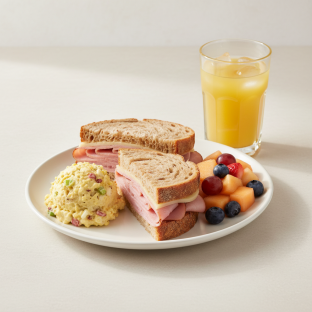Ham and Cheese Sandwich, Potato Salad, Fruit, Orange Juice Ham and Cheese Sandwich, Potato Salad, Fruit, Orange Juice