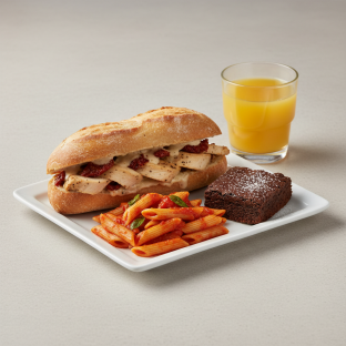 Chicken Provencal Sandwich, Tomato Basil Penne, Brownie, Orange Juice Chicken Provencal Sandwich, Tomato Basil Penne, Brownie, Orange Juice