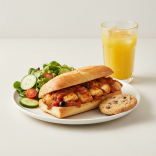 Chicken Provencal Sandwich, House House Salad, Cookie, Orange Juice Chicken Provencal Sandwich, House House Salad, Cookie, Orange Juice