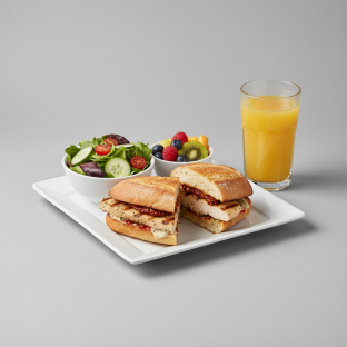 Chicken Provencal Sandwich, House House Salad, Fruit, Orange Juice Chicken Provencal Sandwich, House House Salad, Fruit, Orange Juice
