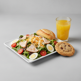 Chef House Salad, Chocolate Chip Cookie, Orange Juice Chef House Salad, Chocolate Chip Cookie, Orange Juice