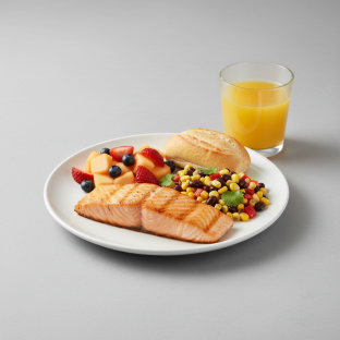 Grilled Salmon, Corn and Black Bean Salad, Fruit, Orange Juice Grilled Salmon, Corn and Black Bean Salad, Fruit, Orange Juice