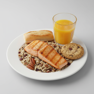 Grilled Salmon, Wild Rice with Pecans, Cookie, Orange Juice Grilled Salmon, Wild Rice with Pecans, Cookie, Orange Juice
