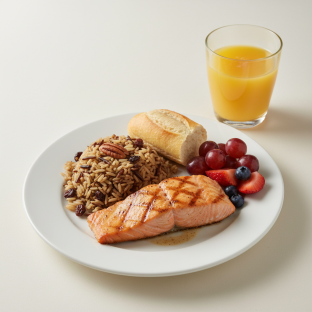 Grilled Salmon, Wild Rice with Pecans, Fruit, Orange Juice Grilled Salmon, Wild Rice with Pecans, Fruit, Orange Juice