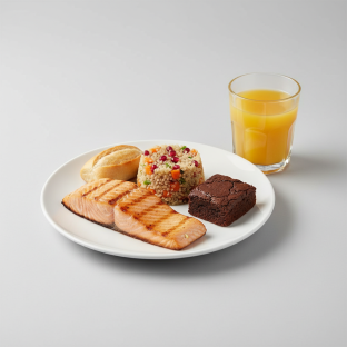 Grilled Salmon, Quinoa, Brownie, Orange Juice Grilled Salmon, Quinoa, Brownie, Orange Juice