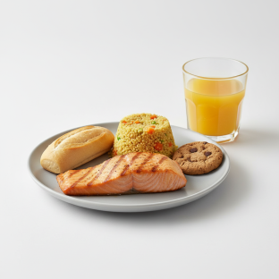 Grilled Salmon, Curried Vegetable Couscous, Cookie, Orange Juice Grilled Salmon, Curried Vegetable Couscous, Cookie, Orange Juice