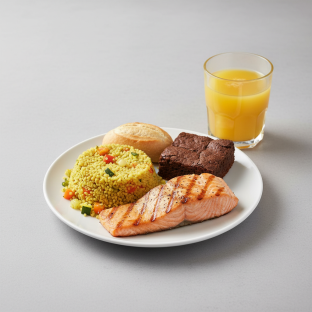 Grilled Salmon, Curried Vegetable Couscous, Brownie, Orange Juice Grilled Salmon, Curried Vegetable Couscous, Brownie, Orange Juice