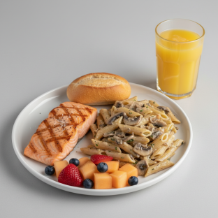 Grilled Salmon, Penne with Mushroom, Fruit, Orange Juice Grilled Salmon, Penne with Mushroom, Fruit, Orange Juice