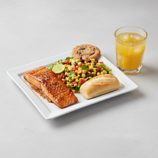 Asian Salmon, Corn and Black Bean Salad, Cookie, Orange Juice Asian Salmon, Corn and Black Bean Salad, Cookie, Orange Juice