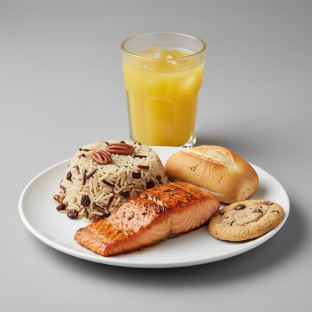 Asian Salmon, Wild Rice with Pecans, Cookie, Orange Juice Asian Salmon, Wild Rice with Pecans, Cookie, Orange Juice