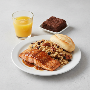 Asian Salmon, Wild Rice with Pecans, Brownie, Orange Juice Asian Salmon, Wild Rice with Pecans, Brownie, Orange Juice