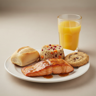 Asian Salmon, Quinoa, Cookie, Orange Juice Asian Salmon, Quinoa, Cookie, Orange Juice
