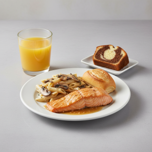 Asian Salmon, Penne with Mushroom, Poundcake, Orange Juice Asian Salmon, Penne with Mushroom, Poundcake, Orange Juice