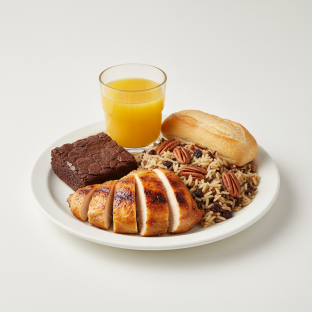 Spit-roasted Chicken, Wild Rice with Pecans, Brownie, Orange Juice Spit-roasted Chicken, Wild Rice with Pecans, Brownie, Orange Juice