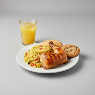 Spit-roasted Chicken, Curried Vegetable Couscous, Cookie, Orange Juice Spit-roasted Chicken, Curried Vegetable Couscous, Cookie, Orange Juice