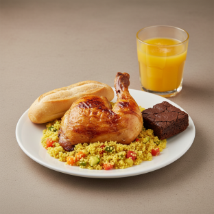 Spit-roasted Chicken, Curried Vegetable Couscous, Brownie, Orange Juice Spit-roasted Chicken, Curried Vegetable Couscous, Brownie, Orange Juice