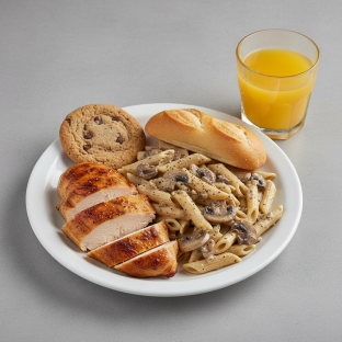 Spit-roasted Chicken, Penne with Mushroom, Cookie, Orange Juice Spit-roasted Chicken, Penne with Mushroom, Cookie, Orange Juice