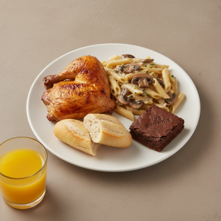Spit-roasted Chicken, Penne with Mushroom, Brownie, Orange Juice Spit-roasted Chicken, Penne with Mushroom, Brownie, Orange Juice