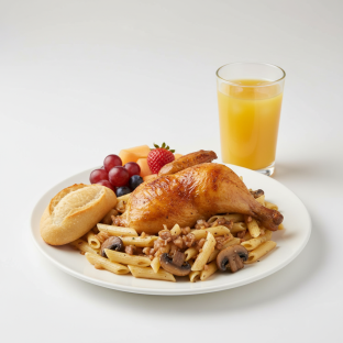 Spit-roasted Chicken, Penne with Mushroom, Fruit, Orange Juice Spit-roasted Chicken, Penne with Mushroom, Fruit, Orange Juice